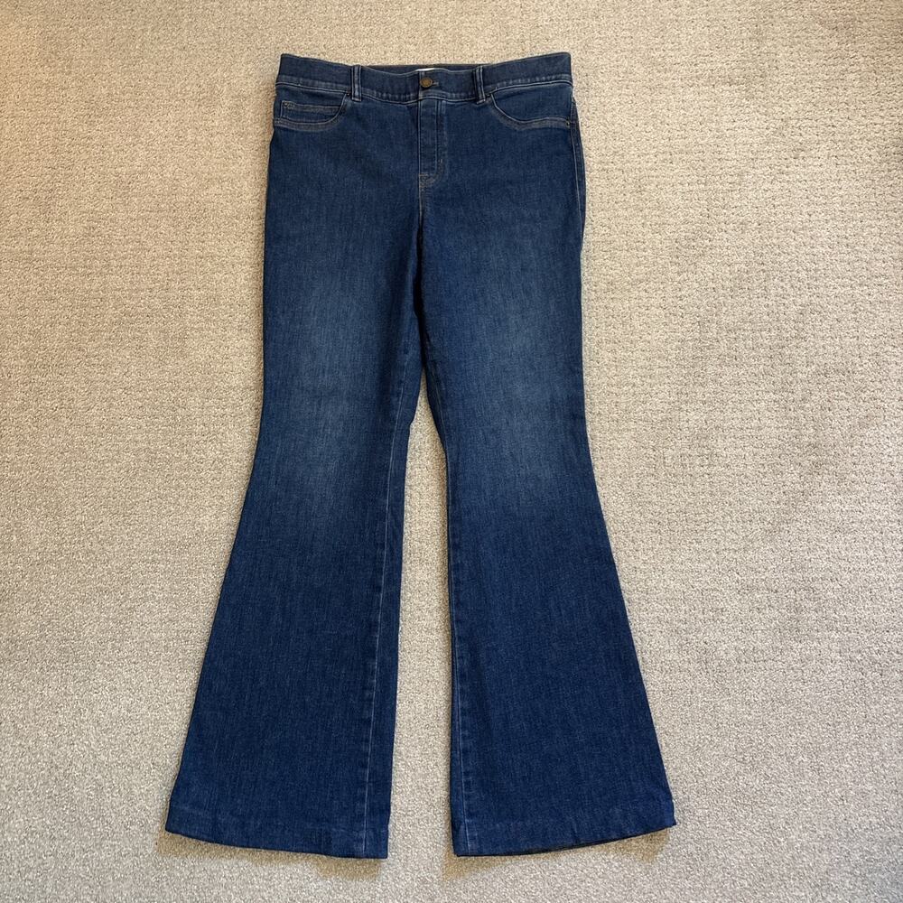 Spanx Flare Jeans Womens Sz XL Pull On Stretch Blue Denim Dark Wash 33” In